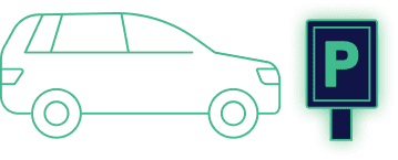 Outline of a car parked next to a sign with the letter "P," indicating a parking area.