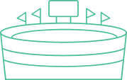 A simple green line drawing of a stadium with four flags and a large screen on top.