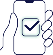 Outline drawing of a hand holding a smartphone, with a check mark inside a box displayed on the phone screen and a finger touching the screen.
