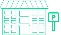 A simple green outline illustration of a building with a parking sign next to it. The parking sign has the letter "P" on it.