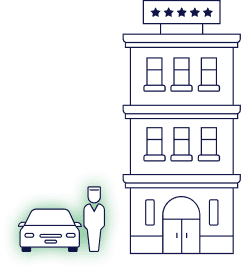 A valet stands next to a car in front of a three-story hotel building with a five-star rating sign on the roof.