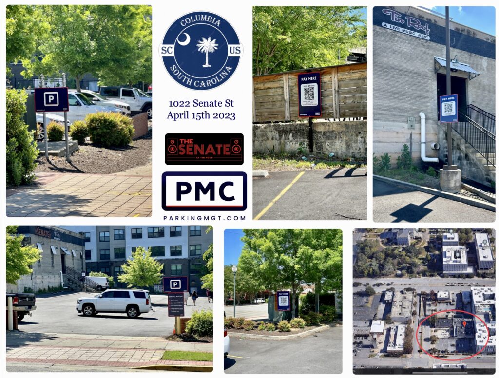 Collage showing parking signs, a pay station, entrance to "The Red," parking lot views with cars, an aerial map with a red circle, and details for a PMC-managed parking lot at 1022 Senate St, Columbia, SC.