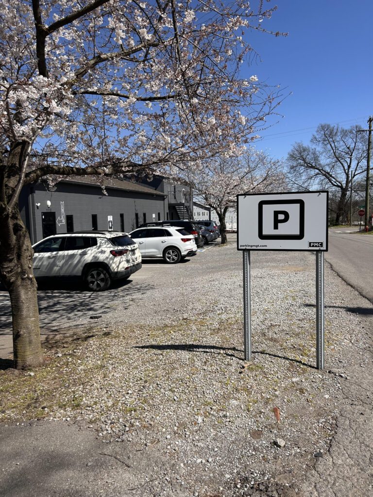 A parking lot with several white cars parked near a gray building, blooming cherry blossom trees, and a white “P” parking sign in the foreground, on a sunny day.