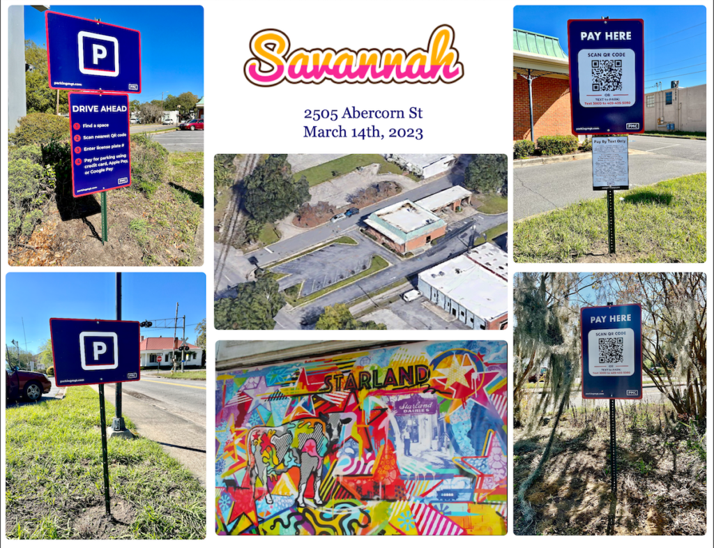 Collage of images showing PMC parking signs, QR codes for payment, a colorful mural reading "Starland," an aerial view of a parking lot, and “Savannah, 2505 Abercorn St, March 14th, 2023” in decorative text.