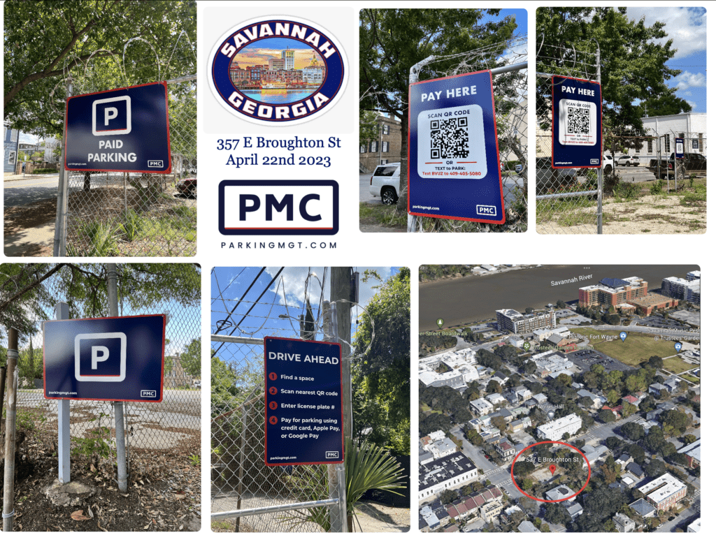 A collage shows multiple views of a paid parking lot in Savannah, Georgia, with PMC signs, payment instructions, a QR code, and a map with the lot’s location at 357 E Broughton St circled in red.