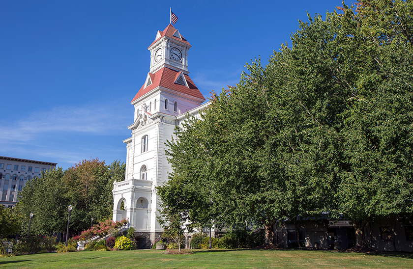 A historic white clock tower building with a red roof stands beside a large green lawn and leafy trees under a clear blue sky. An American flag flies at the top of the tower.
