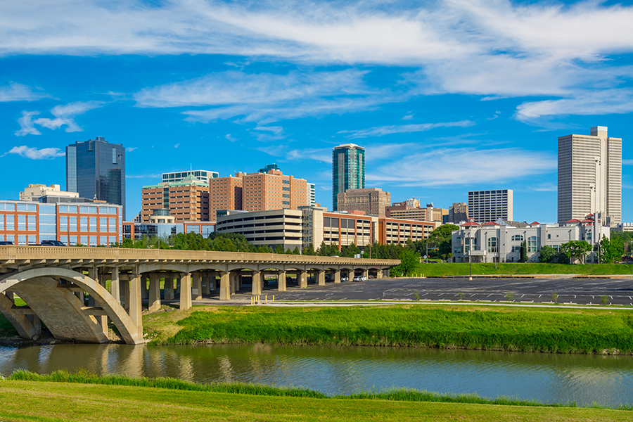 A city skyline with modern buildings and skyscrapers under a blue sky, a concrete bridge crossing over a river in the foreground, and green grass along the riverbanks.
