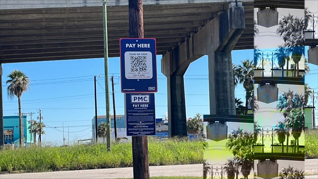 A sign attached to a wooden pole under a highway overpass reads "Pay Here" with a QR code and parking instructions. Palm trees, grassy area, and utility poles are visible under a clear blue sky.