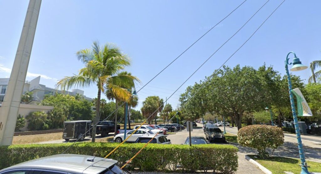 A sunny street scene with parked cars, palm trees, and green bushes lining the sidewalk. Power lines cross the foreground, and a streetlamp is visible on the right side of the image.