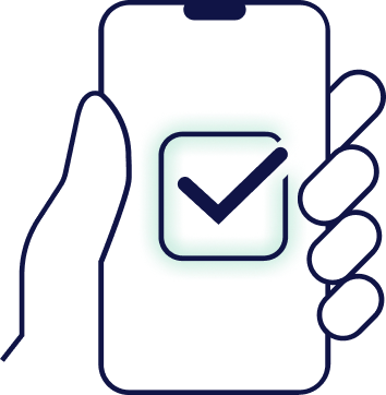 Simple line drawing of a hand holding a smartphone with a large green checkmark inside a square on the screen, symbolizing verification or approval.