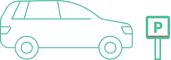 Outline of a car parked next to a sign with the letter "P," indicating a designated parking area. The illustration uses simple green lines on a transparent background.